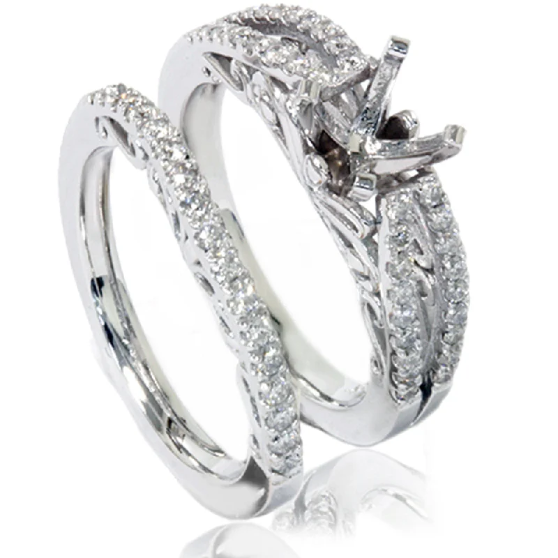 Engagement rings with floral designs-3/4ct Vintage Diamond Engagement Ring Bridal Set 14K White Gold