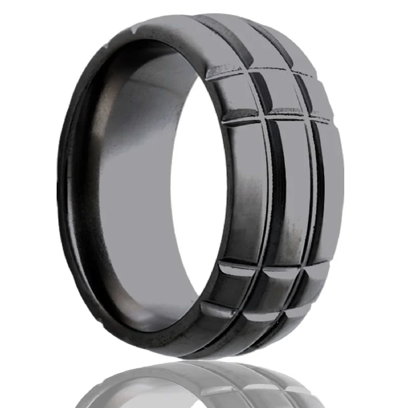 Women’s stackable rings-Intersecting Grooves Domed Zirconium Men's Wedding Band