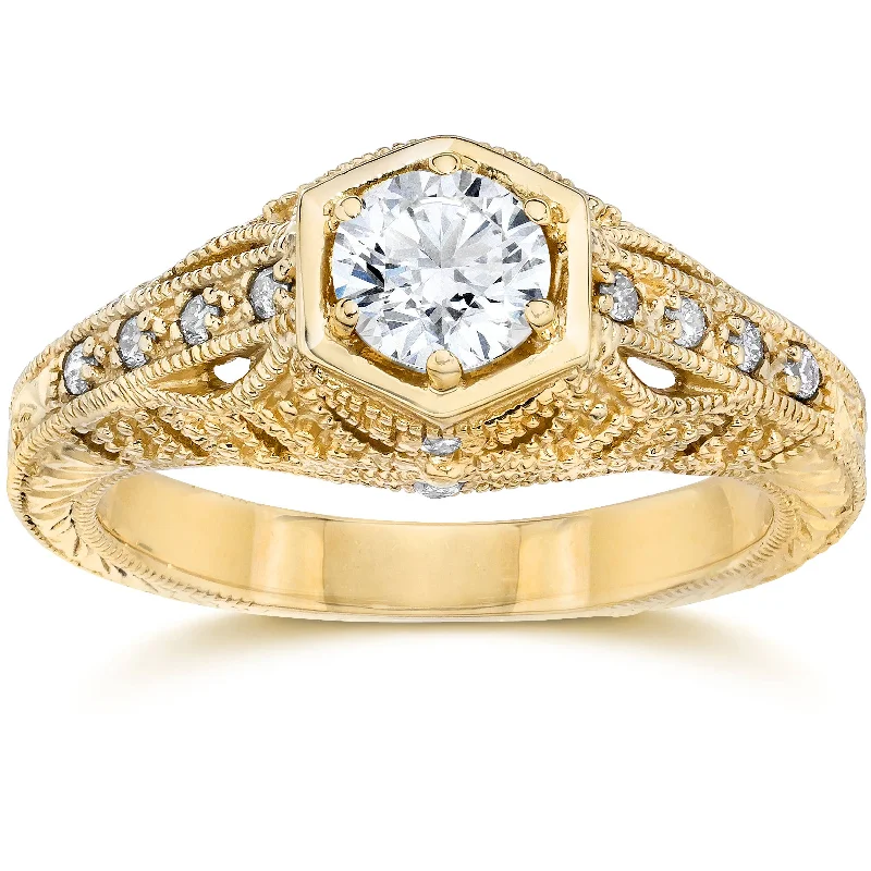 Engagement rings with princess and round cuts-Emery .70Ct Vintage Diamond Antique Engagement 14K Yellow Gold