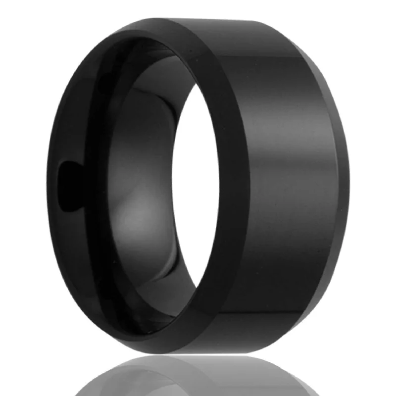 Statement rings for women-Black Ceramic Wedding Band with Beveled Edges