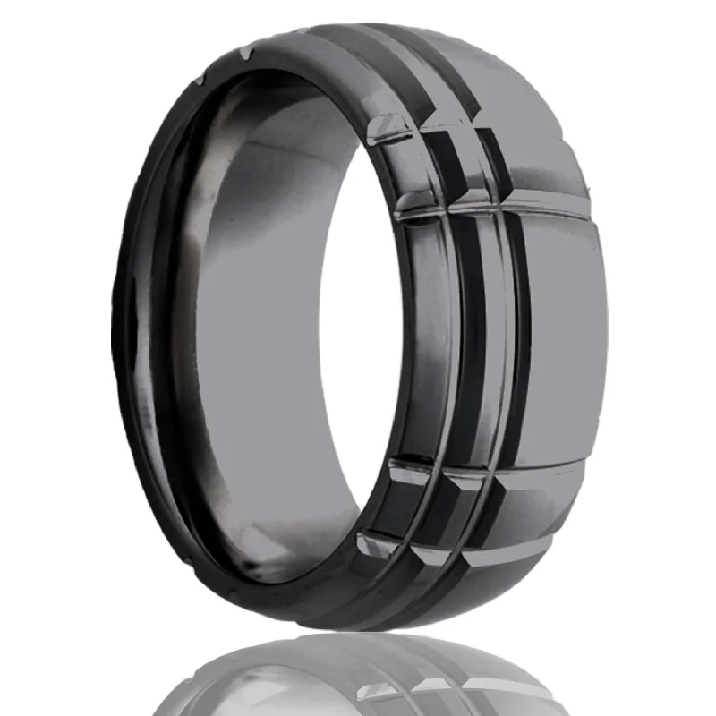 Women’s black diamond rings-Asymmetrical Intersecting Grooves Domed Zirconium Men's Wedding Band