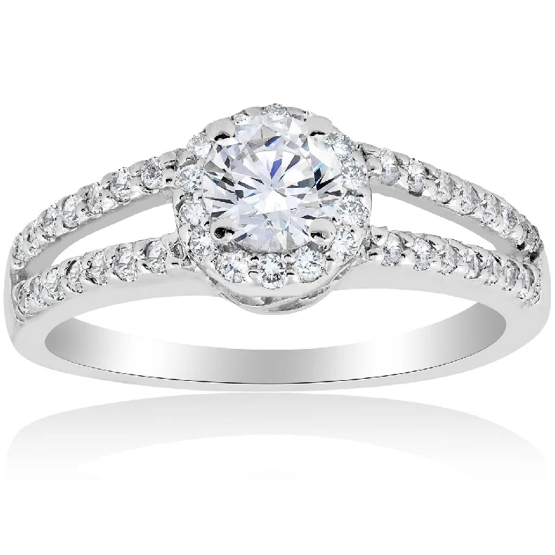 Engagement rings with multi-stone designs-1ct Halo Split Shank Diamond Vintage Halo Engagement Ring 14K White Gold