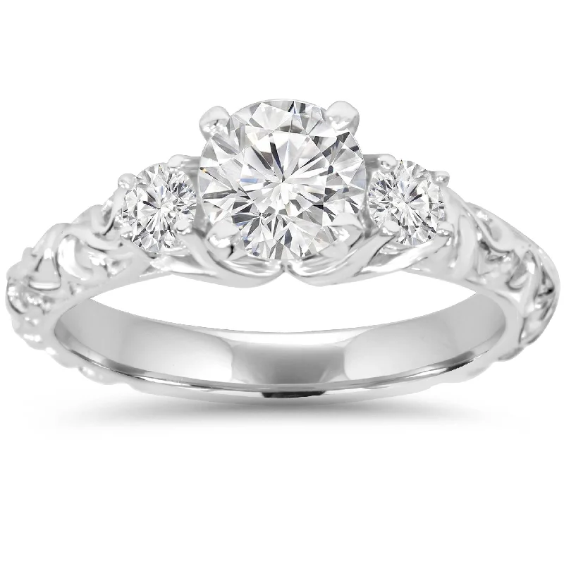 Engagement rings with modern settings-1 1/3Ct Vintage 3-Stone (1Ct Center) Enhanced Diamond Engagement Ring White Gold