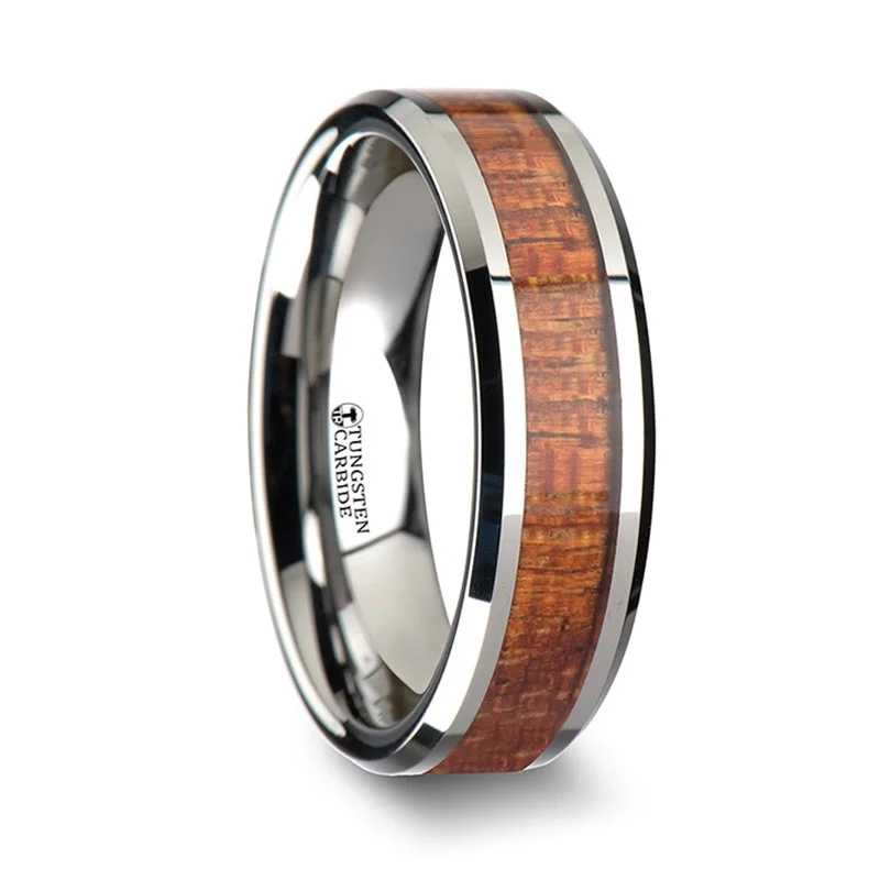 Women’s rings with intricate designs-Tungsten Wedding Band with Mahogany Wood Inlay