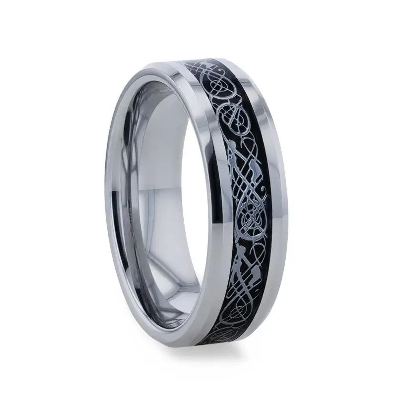 Women’s ring sets-Black Celtic Dragon Inlay Tungsten Carbide Men's Wedding Band