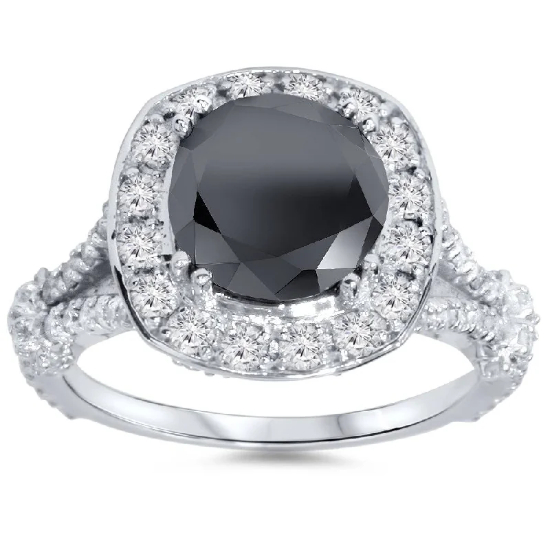 Vintage engagement rings for women-4ct Black Treated Diamond Cushion Vintage Engagement Ring 14K White Gold