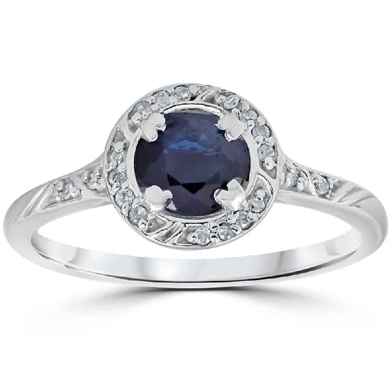 Women’s art deco engagement rings-1 1/6ct Blue Sapphire Vintage Diamond Engagement Ring 14K White Gold