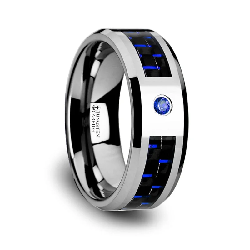 Elegant gold rings for women-Tungsten Men's Wedding Band with Black & Blue Carbon Fiber and Sapphire