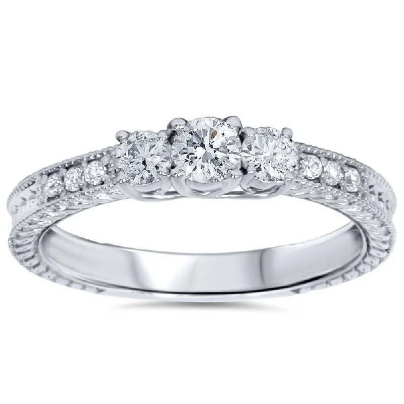 Women’s engagement rings with diamond accents and halo-1 1/4ct Vintage Three Stone Round Diamond Engagement Ring 14K White Gold (H/SI2)