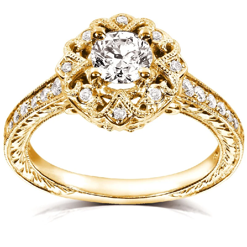 Engagement rings with multi-stone designs-Annello by Kobelli 14k Yellow Gold 1/2ct TDW Floral Vintage Diamond Engagement Ring