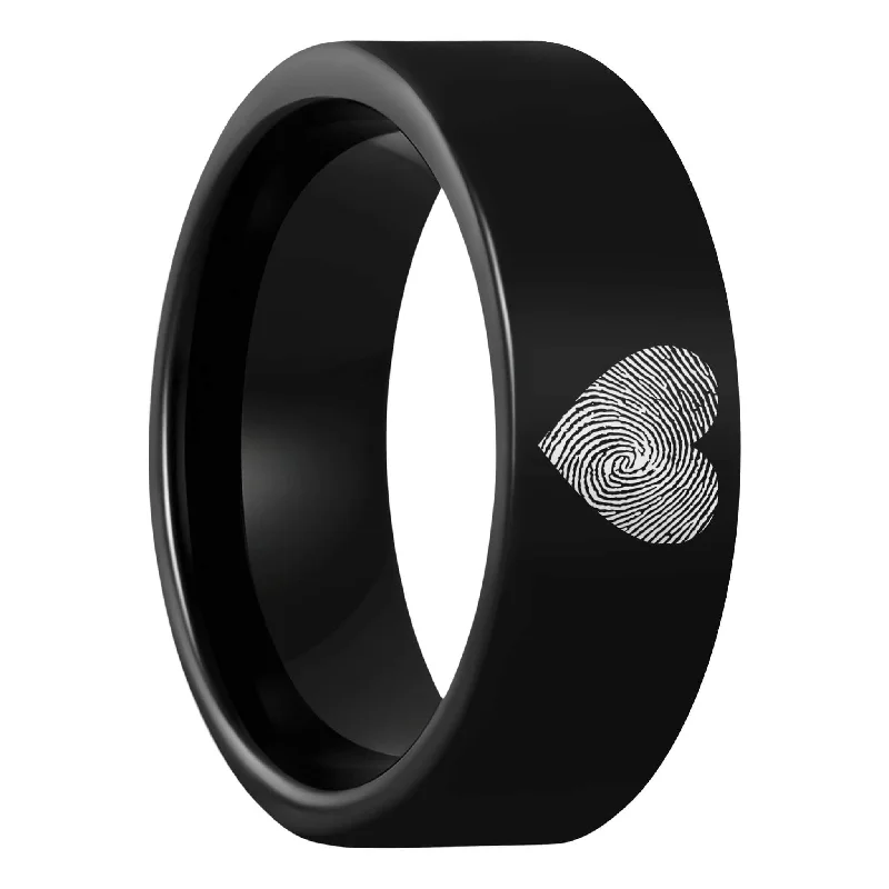 Elegant gold rings for women-Custom Heart Fingerprint Black Tungsten Men's Ring