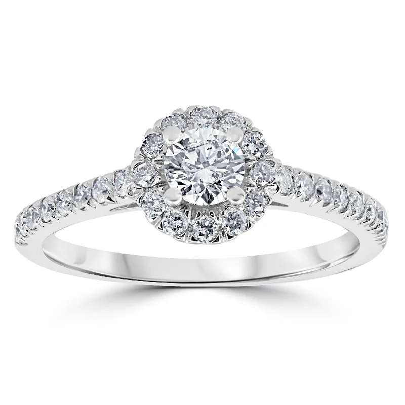 Engagement rings with diamond pave bands-7/8ct Halo Lab Created Diamond Engagement Ring 14K White Gold