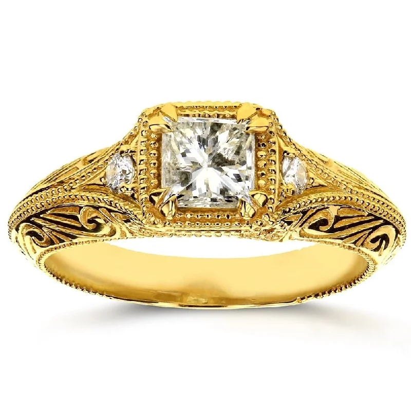 Custom-made engagement rings for women-Annello by Kobelli 14k Yellow Gold 5/8ct TDW Diamond Antique Filigree Engagement Ring