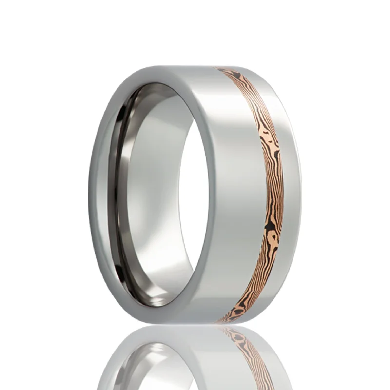 Women’s rings with emerald-cut diamonds-Asymmetrical Shakudo & 14k Rose Gold Mokume Gane Inlay Cobalt Wedding Band