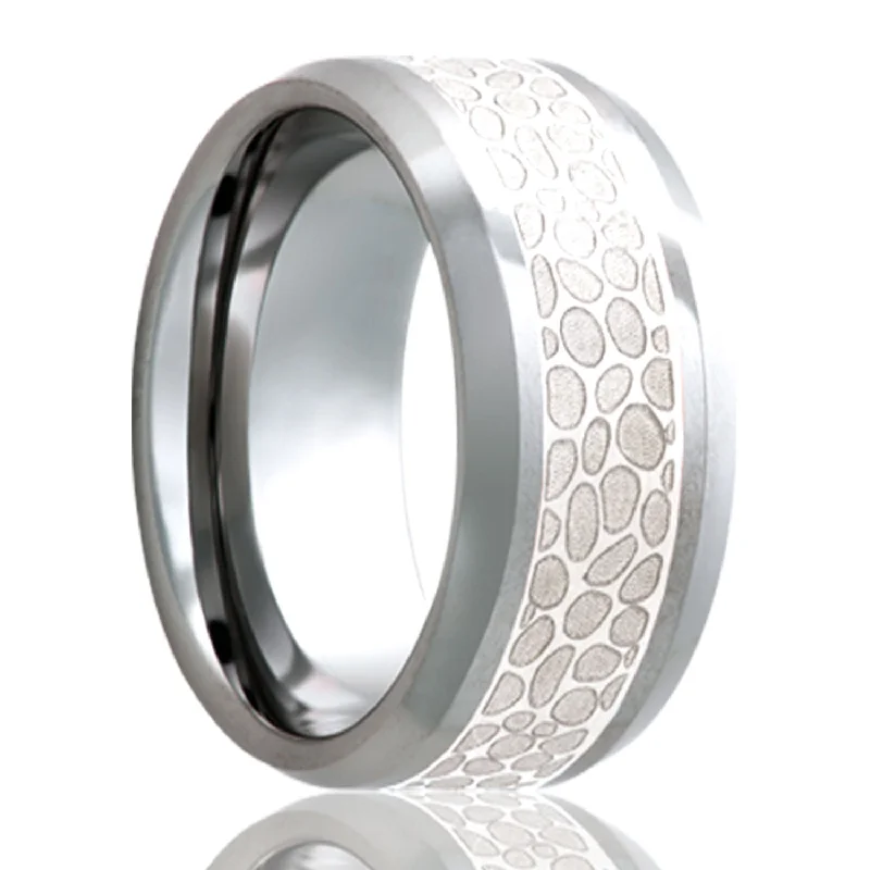 Unique women’s wedding bands-Hammered Silver Inlay Cobalt Men's Wedding Band with Beveled Edges