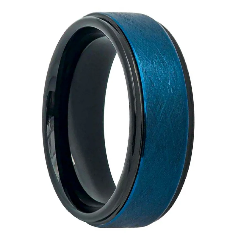 Women’s rings with oval gemstones-Blue Wire Brushed Black Tungsten Men's Wedding Band