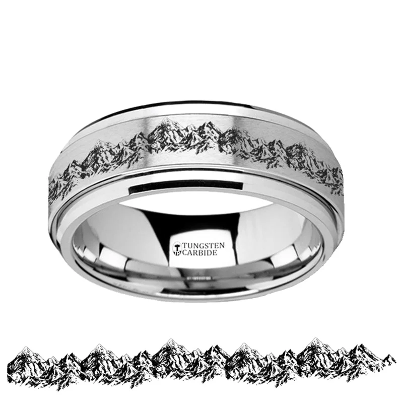 Elegant engagement rings for women-Mountain Range Engraved Spinner Tungsten Wedding Band