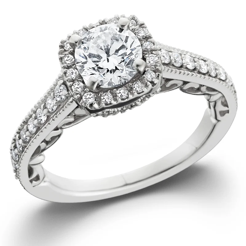 Women’s modern solitaire engagement rings-7/8ct Cushion Diamond Vintage Halo Engagement Ring 14K White Gold