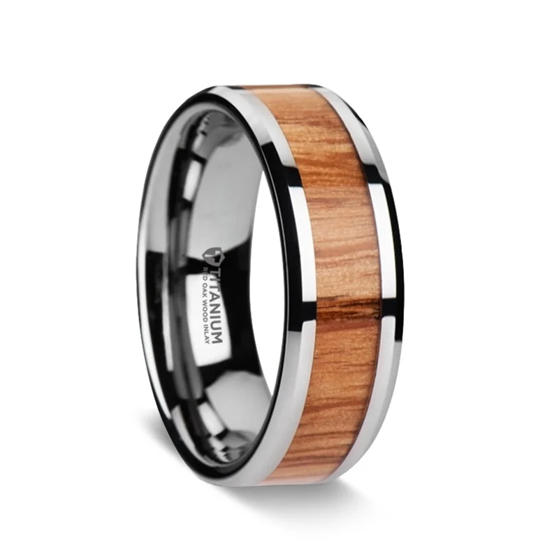 Women’s chunky statement rings-Titanium Men's Wedding Band with Red Oak Wood Inlay