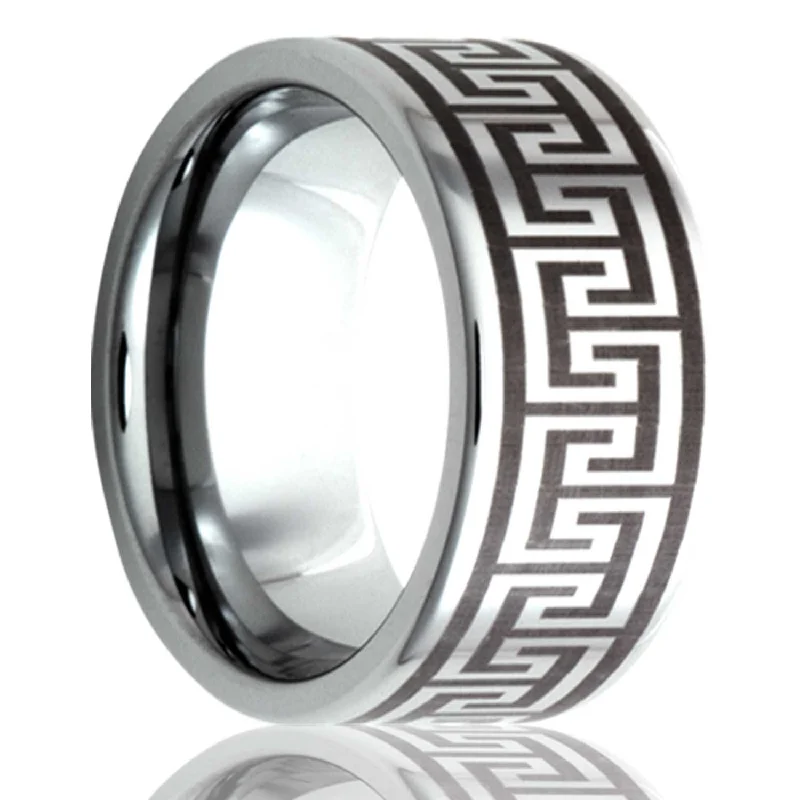 Women’s statement rings with diamonds-Greek Key Tungsten Wedding Band