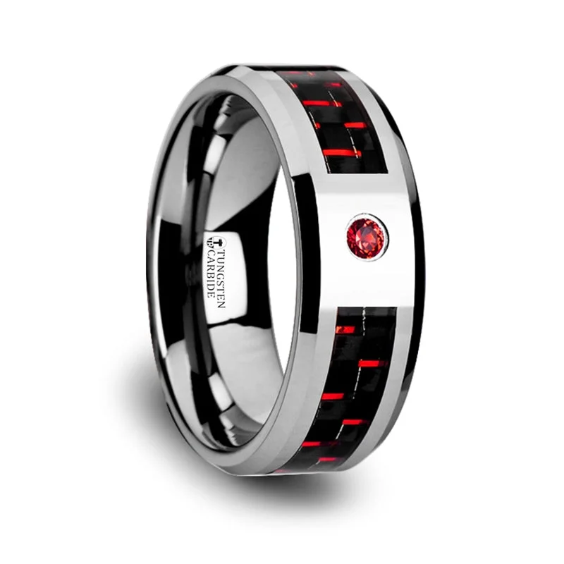 Unique women’s wedding bands-Men's Tungsten Wedding Band with Black & Red Carbon Fiber and Ruby