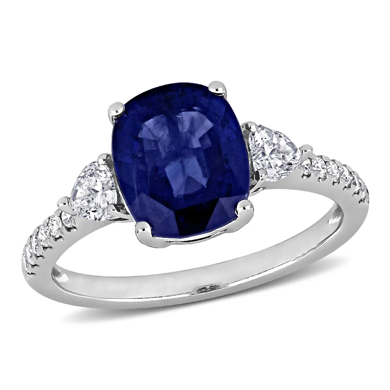 Engagement rings with floral designs-Miadora 3 1/5ct TGW Sapphire and 3/5ct TW Diamond 3-Stone Engagement Ring in 14K White Gold