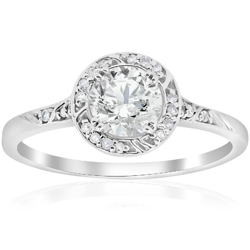 Engagement rings with cushion cut stones-1ct Vintage Halo Diamond Sculptural Engagement Ring 14K White Gold