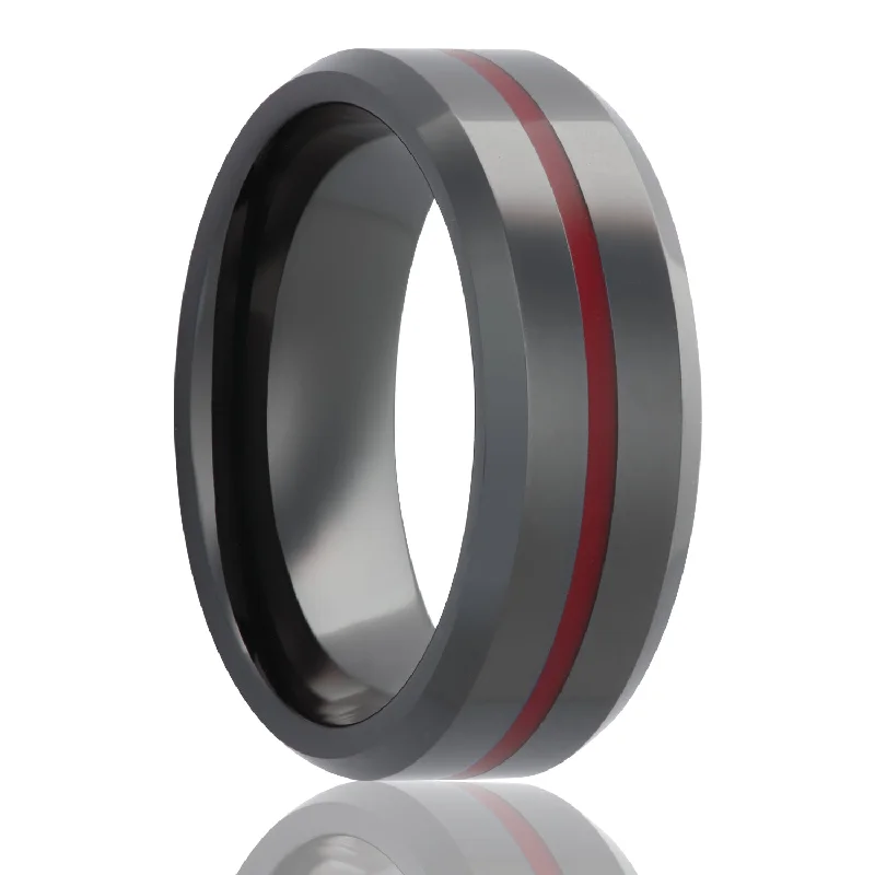 Diamond solitaire rings for women-Black Ceramic Wedding Band with Red Groove & Beveled Edges