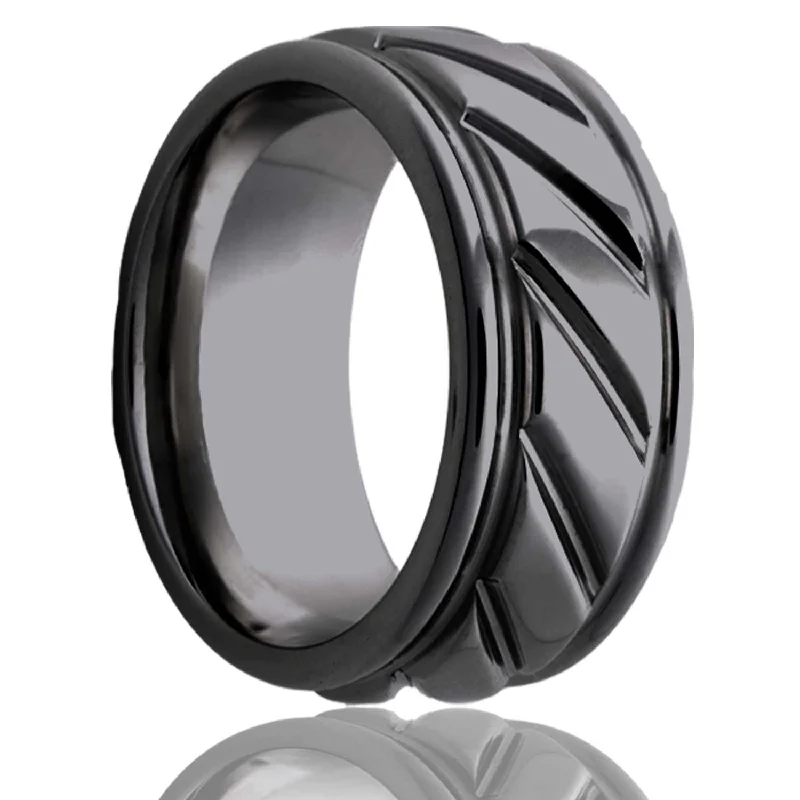 Women’s classic diamond rings-Diagonal Grooves Zirconium Men's Wedding Band with Stepped Edges