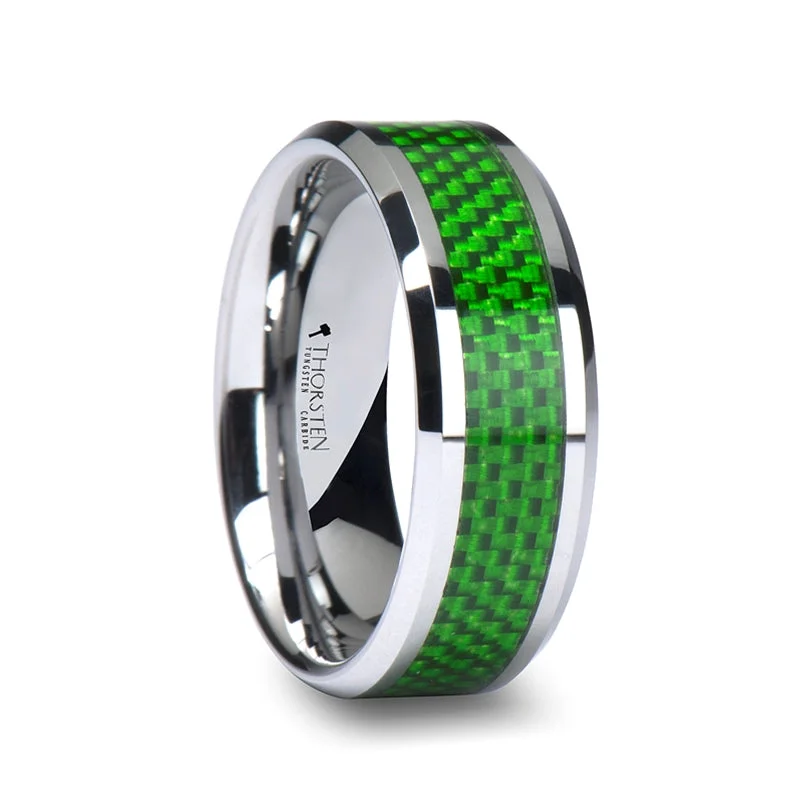 Women’s silver rings with diamonds-Tungsten Men's Wedding Band with Green Carbon Fiber Inlay