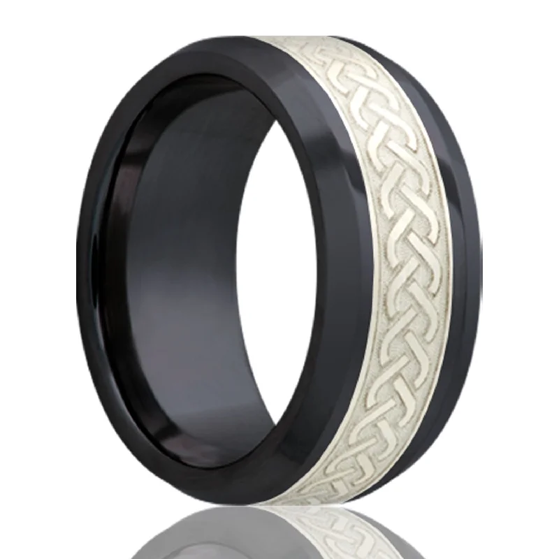 Women’s rings with rubies-Celtic Knot Silver Inlay Zirconium Wedding Band with Beveled Edges