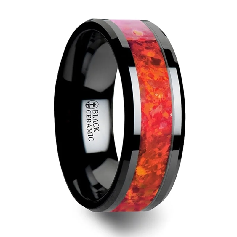 Women’s rings for anniversaries-Black Ceramic Men's Wedding Band with Red Opal Inlay