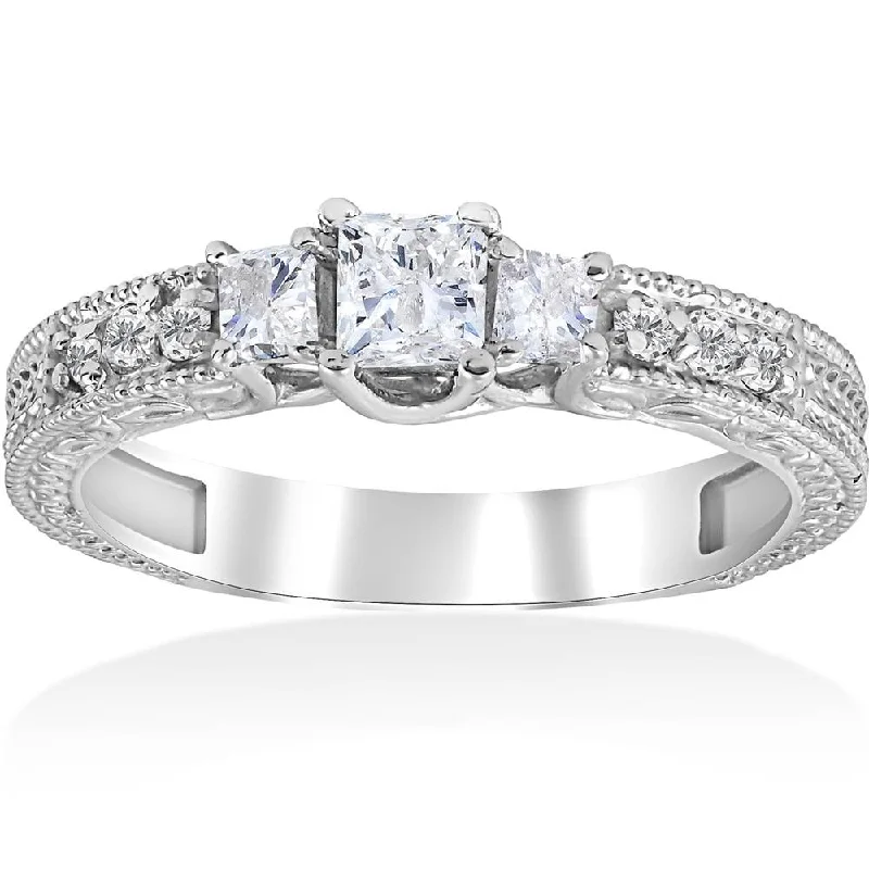 Engagement rings with three-stone design-3/4ct Vintage Diamond 3 Stone Engagement Ring 14K White Gold