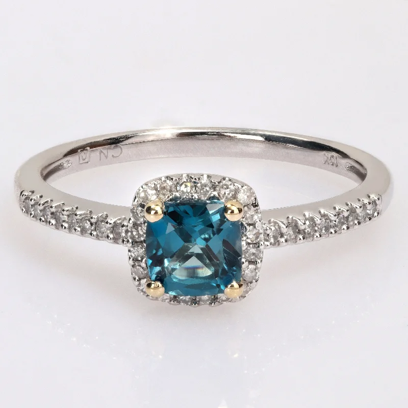 Women’s solitaire engagement rings with diamonds-Miadora Cushion London-Blue Topaz and 1/6ct TDW Diamond Halo Engagement Ring in 2-Tone 10k Gold