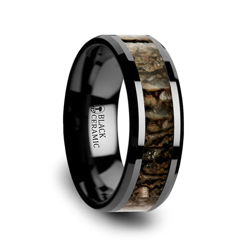 Stackable diamond rings for women-Black Ceramic Wedding Band with Brown Dinosaur Bone Inlay