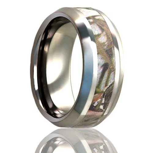 Simple women’s rings-Leaf Camo Inlay Titanium Men's Wedding Band with Beveled Edges