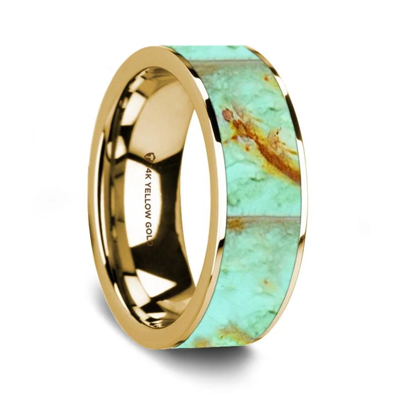 Custom birthstone rings for women-Turquoise Inlay 14k Yellow Gold Men's Wedding Band