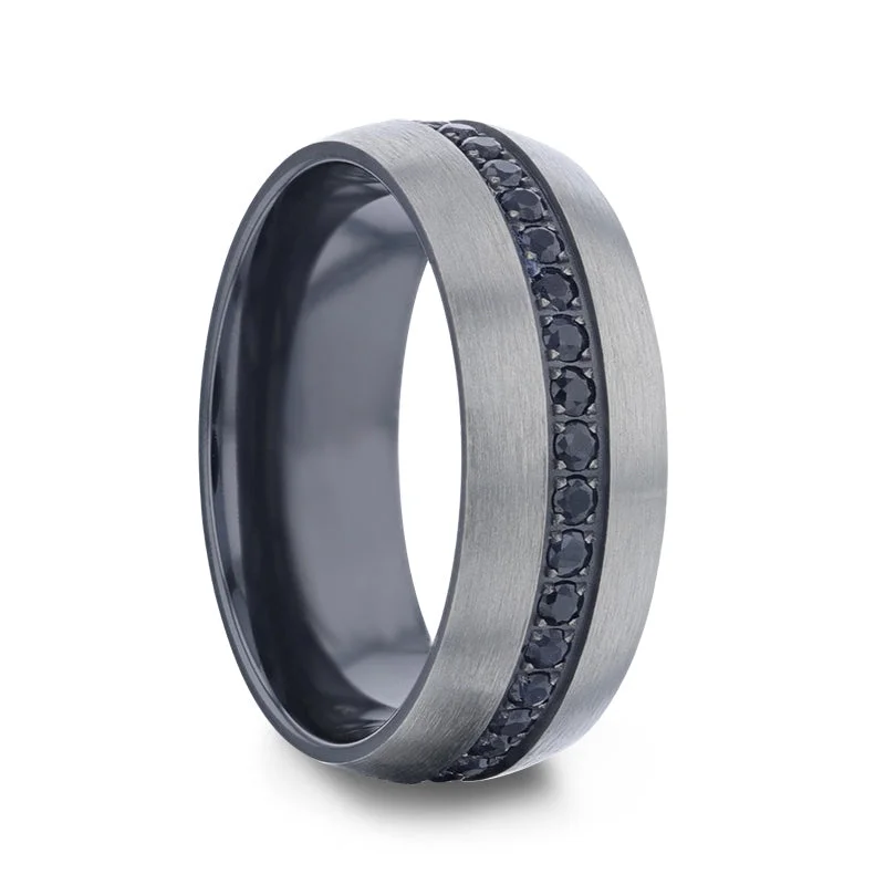 Custom engagement rings for women-Brushed Titanium Men's Wedding Band with Black Sapphires