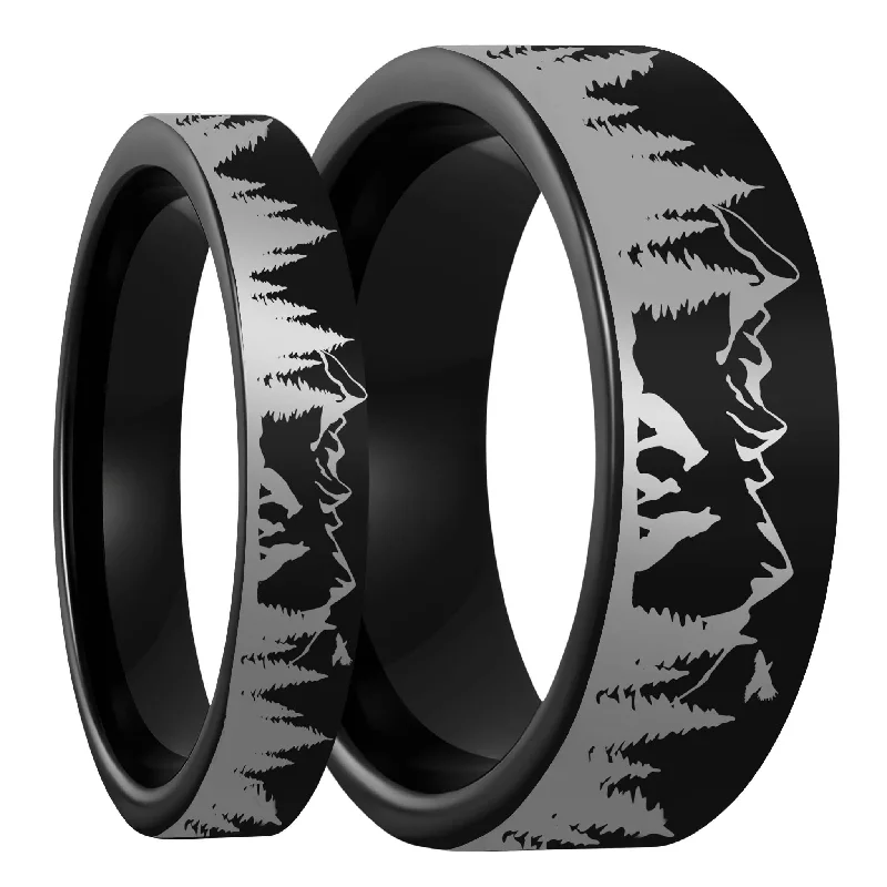 Stylish women’s rings-Wolf Landscape Scene Black Tungsten Couple's Matching Wedding Band Set