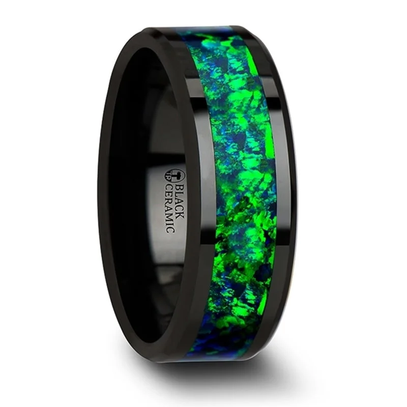 Women’s ring sets-Black Ceramic Men's Wedding Band with Green & Blue Opal Inlay