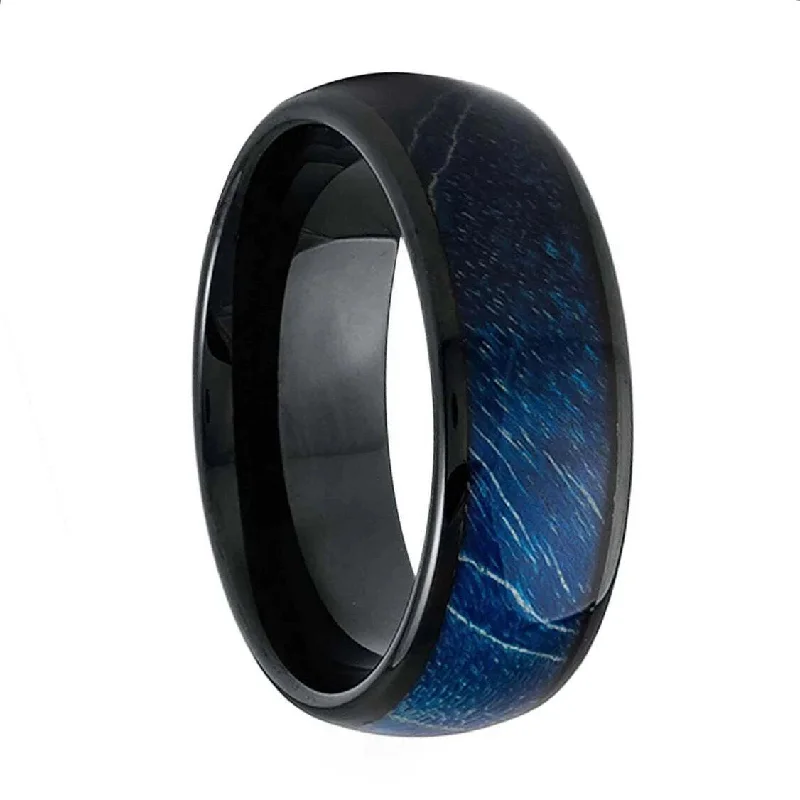 Rose gold rings for women-Blue Wood Inlay Black Tungsten Men's Wedding Band