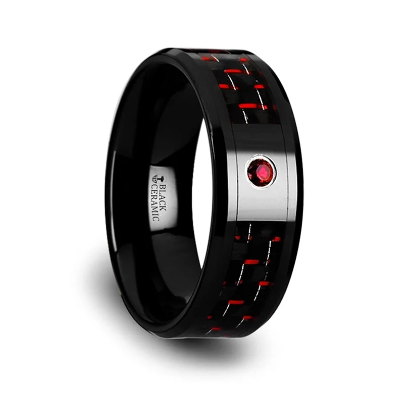 Women’s statement rings-Black Ceramic Men's Wedding Band with Black & Red Carbon Fiber Inlay and Ruby