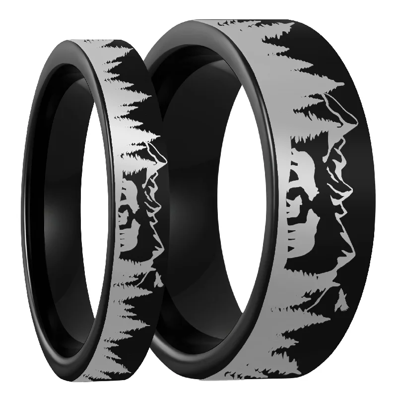 Affordable diamond rings for women-Bear & Cubs Landscape Scene Black Tungsten Couple's Matching Wedding Band Set