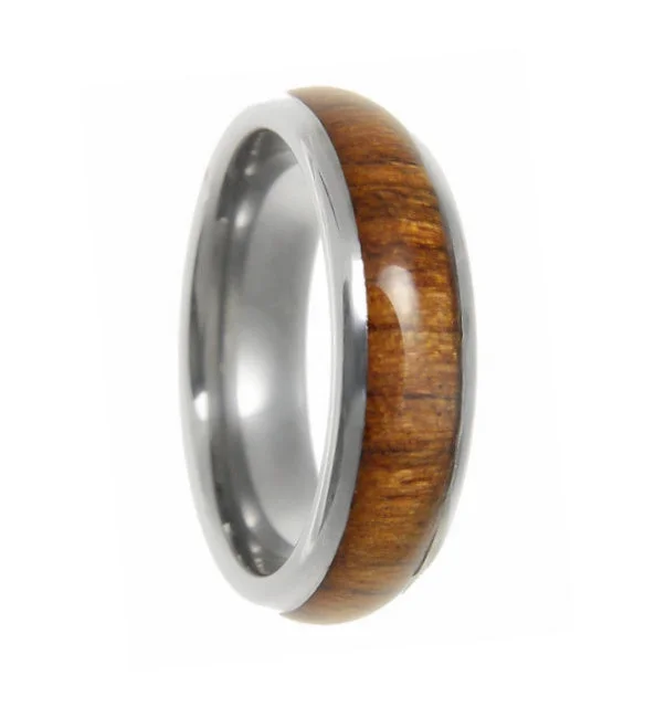 Women’s rings with pave diamonds-Titanium Domed Wedding Band with Hawaiian Koa Wood Inlay