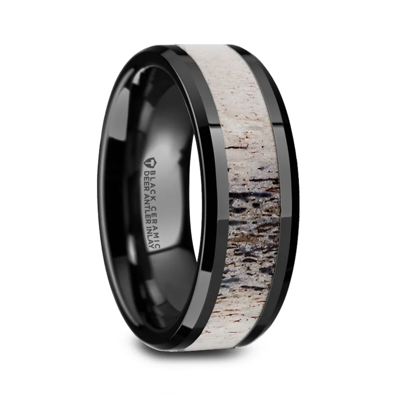 Colorful gemstone rings for women-Black Ceramic Men's Wedding Band with Ombre Deer Antler Inlay