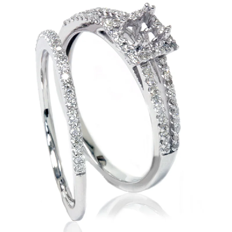 Women’s three-stone engagement rings-3/8CT Split Shank Princess Cut Halo Engagement Ring Set Setting 14K White Gold