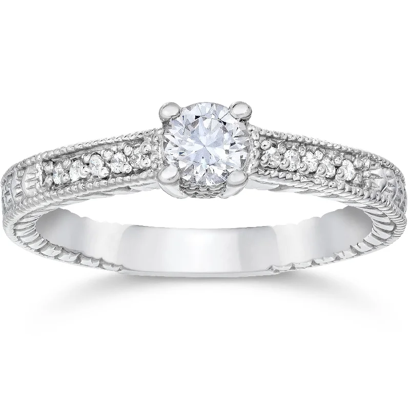 Women’s minimalistic engagement rings-1/2ct Vintage Diamond Engagement Ring 14K White Gold