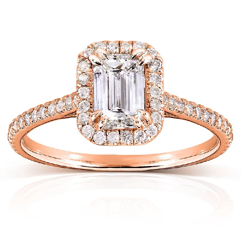 Engagement rings with moonstone accents-Annello by Kobelli 14k Rose Gold 1 1/3ct TDW Emerald-cut Diamond Halo Engagement Ring