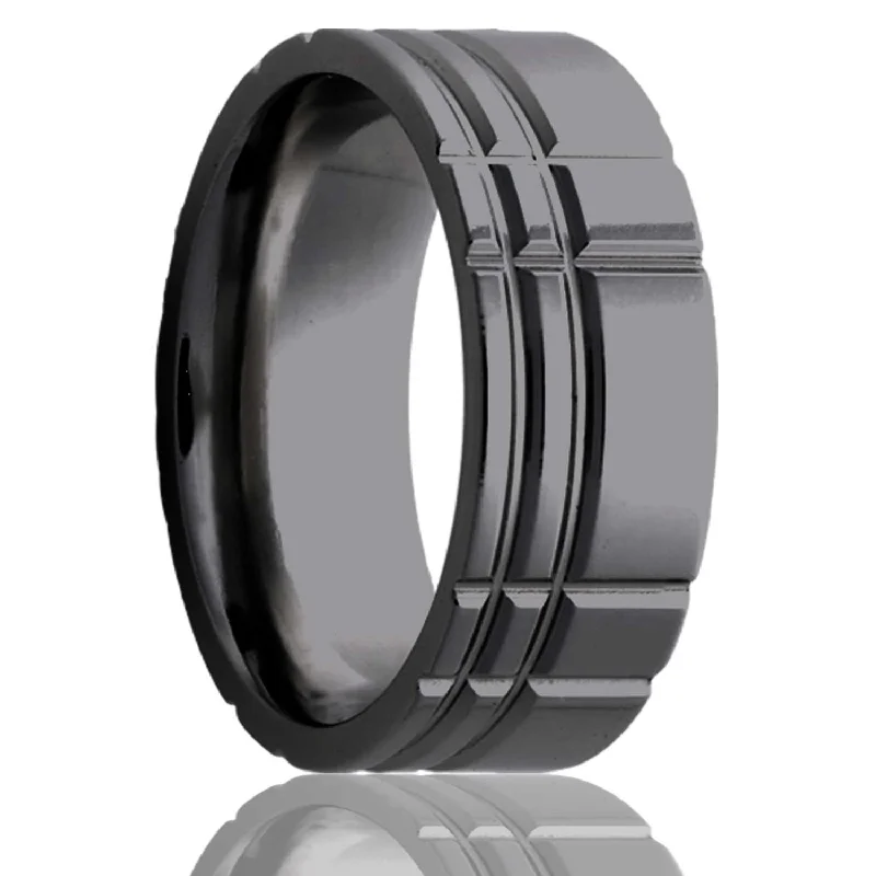 Minimalist rings for women-Asymmetrical Intersecting Grooves Zirconium Men's Wedding Band