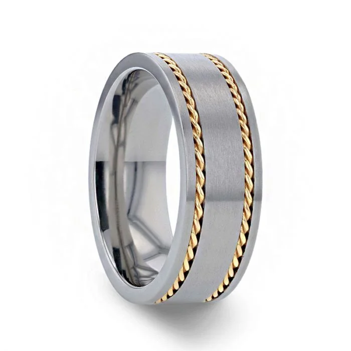 Platinum rings for women-Titanium Men's Wedding Band with 14k Braided Gold Inlays